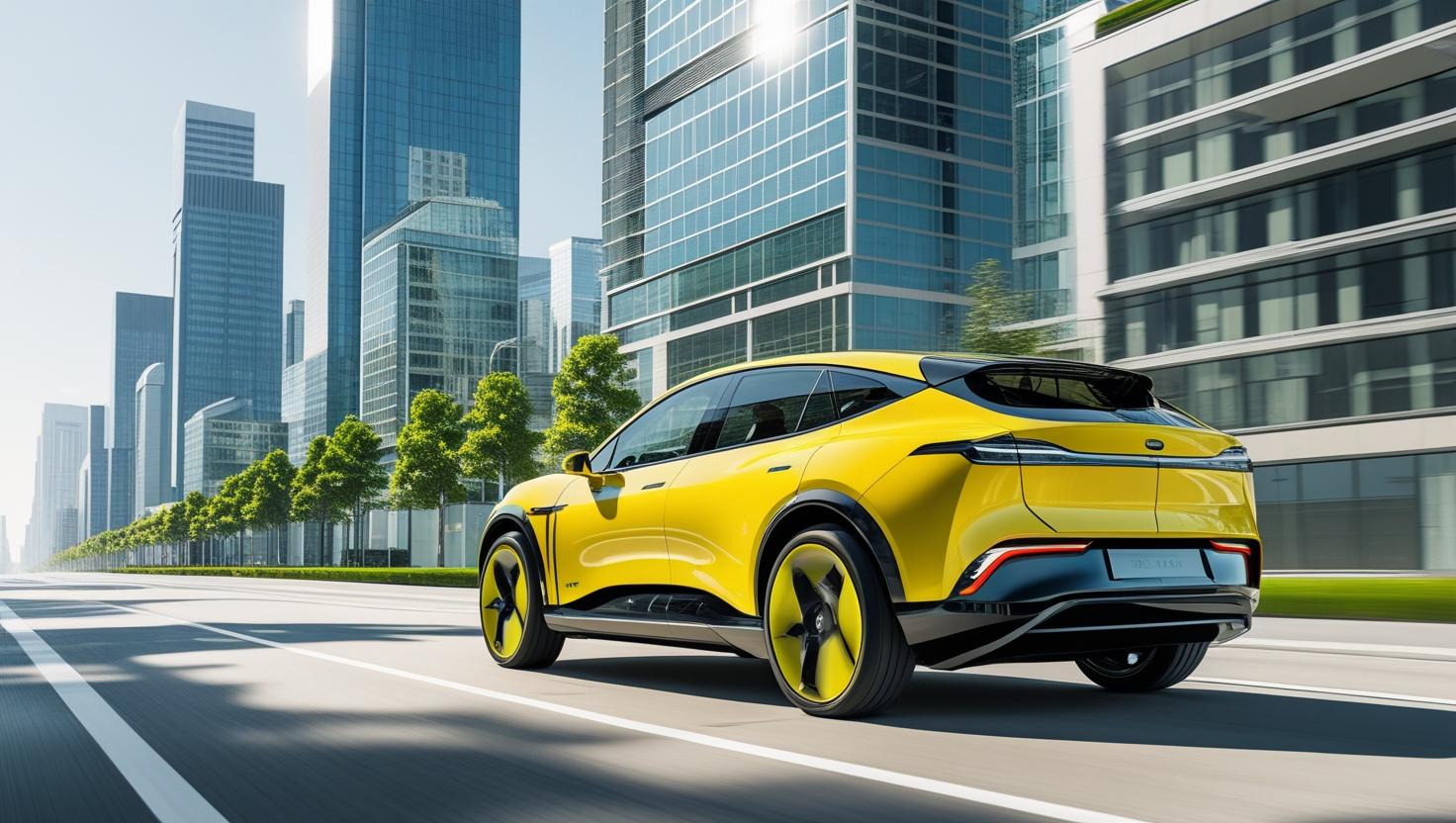 Auto sportiva gialla percorre una strada urbana moderna, circondata da grattacieli in vetro e alberi ordinati lungo il viale.
