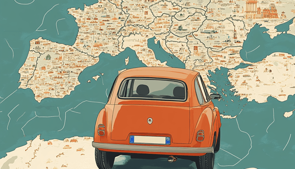 Auto arancione vista da dietro, posizionata davanti a una mappa illustrata dell’Europa, con evidenziati confini e città.