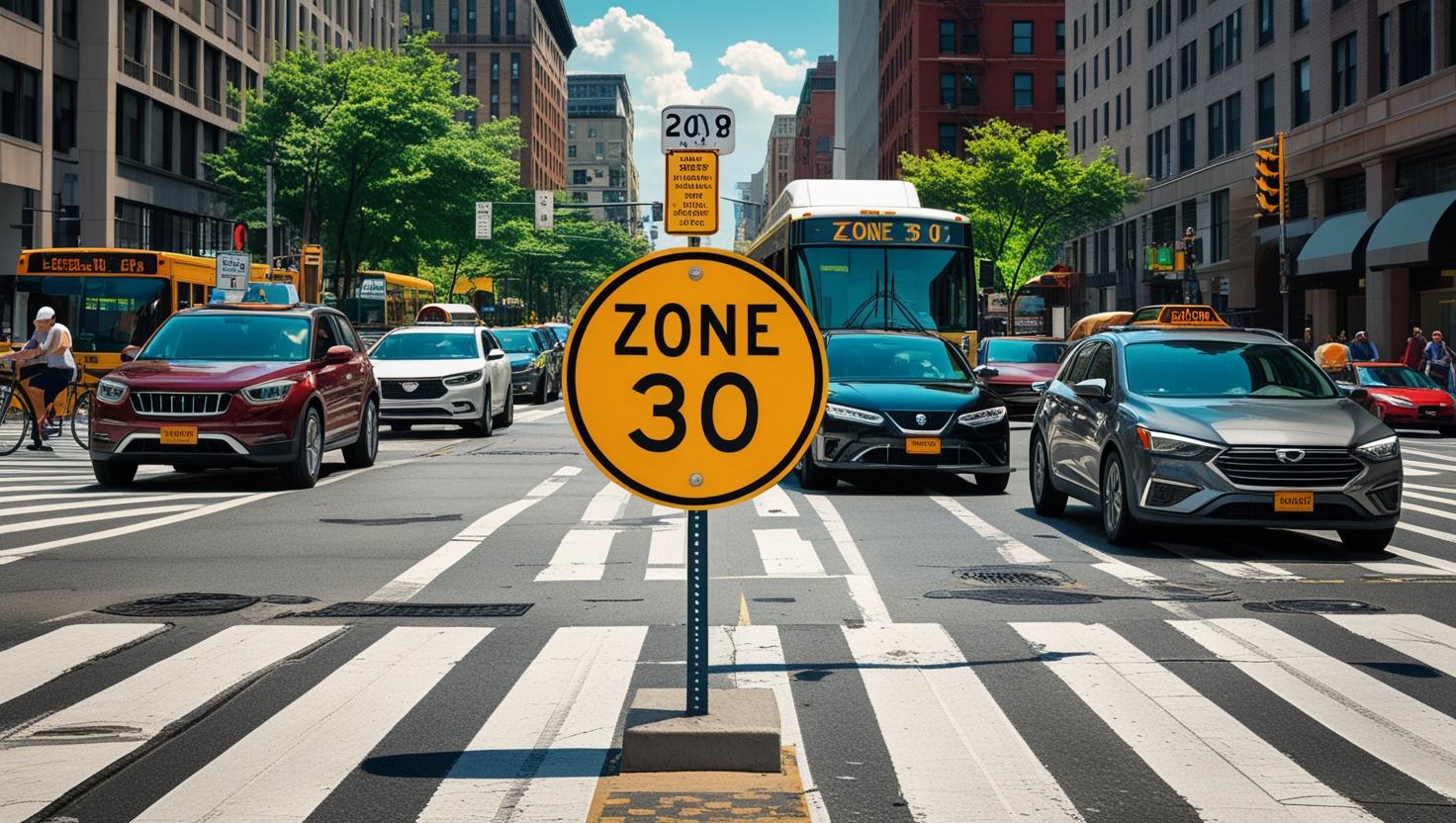 Cartello stradale “Zone 30” posizionato al centro di un incrocio urbano trafficato, con auto, autobus e edifici sullo sfondo, in una città moderna.