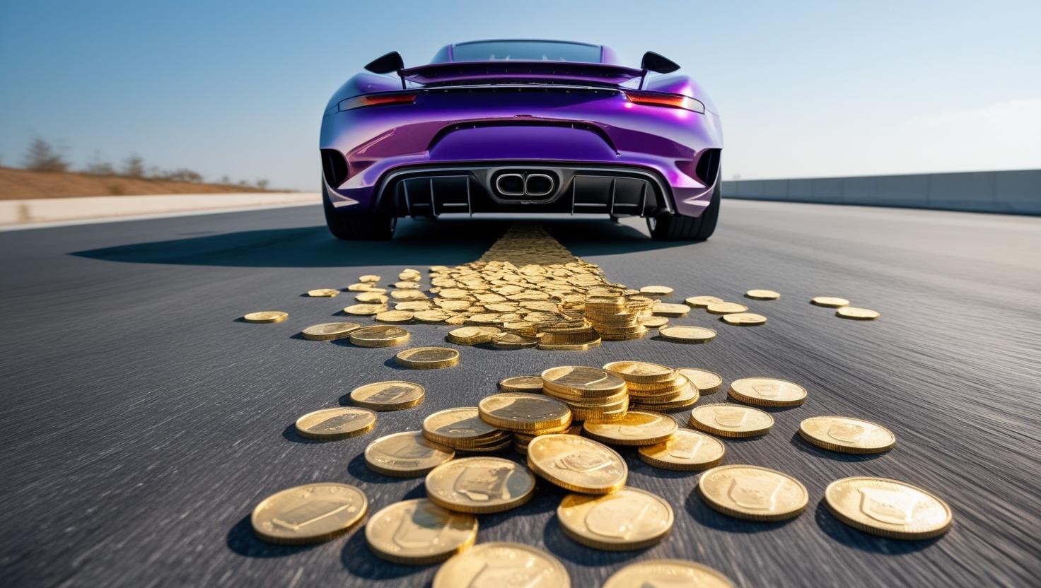 Auto sportiva viola su una strada deserta, con una scia di monete d’oro sparse sull’asfalto dietro di essa.
